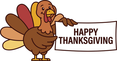 Cartoon turkey presenting a banner with happy thanksgiving message for holiday greetings © MSTALEMA