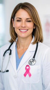 Smiling Female Doctor with Stethoscope and Pink Breast Cancer Awareness Ribbon
