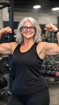 Smiling Senior Woman Flexing Muscles in a Fitness Gym