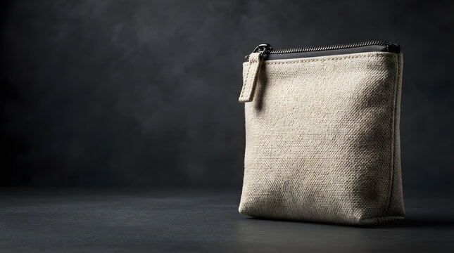 Blank Canvas Zipper Pouch Mockup on Dark Moody Background for Branding, Custom Logo Design, and Small Cosmetic Bag Presentation