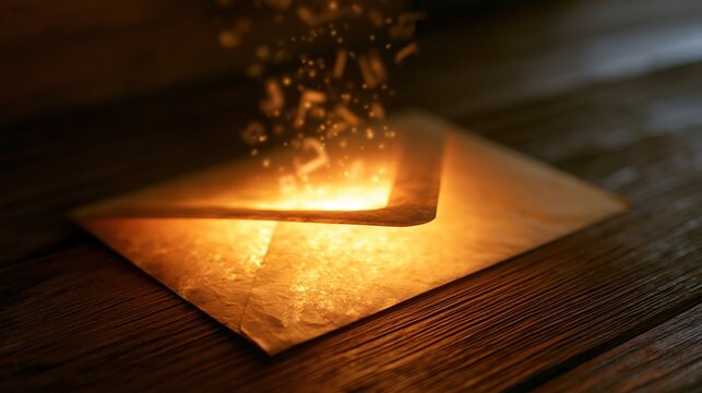 Open envelope glowing with light and floating particles on dark wooden table