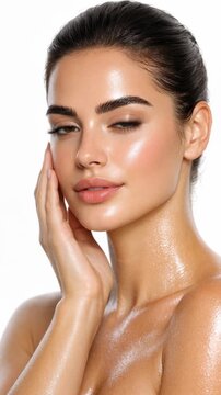 Portrait of a Woman with Radiant Glowing Skin and Dewy Makeup