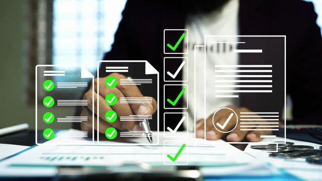 Businessman reviewing document approval process with automated workflow management, a man working with digital checklist and approval icon, managing compliance, audit process, document verification.