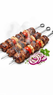 Grilled Meat Kebabs with Tomatoes and Onions on Metal Skewers