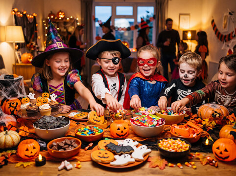Happy kids dressed as witches, pirates, and superheroes enjoy Halloween candy