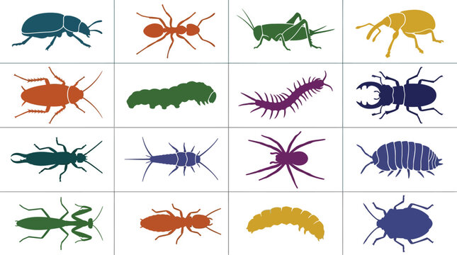 Collection of colorful insect silhouettes in grid layout on white background vector illustration