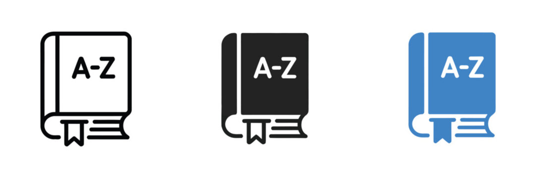 Dictionary book vocabulary alphabet AZ reference guide, language learning, education, glossary, knowledge, vector icon set
