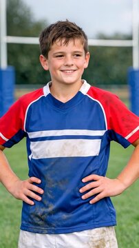 Smiling Young Soccer Player with Grass Stains on his Jersey