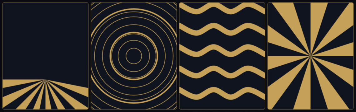 Set of four luxury dark navy and metallic gold geometric patterns featuring radiating sunburst rays concentric circular rings wavy horizontal lines and converging perspective lines for artistic