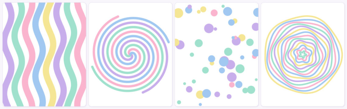 Pastel Color Collection Featuring Wavy Lines Spiral Shapes Polka Dots And Intricate Circular Patterns For Artistic Design Projects Showing Creative Geometric Shapes In Soft Tones For Digital
