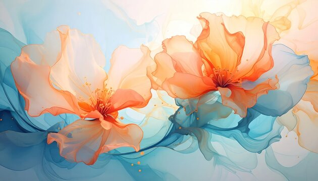 Ethereal orange flowers in blue alcohol ink fluid background
