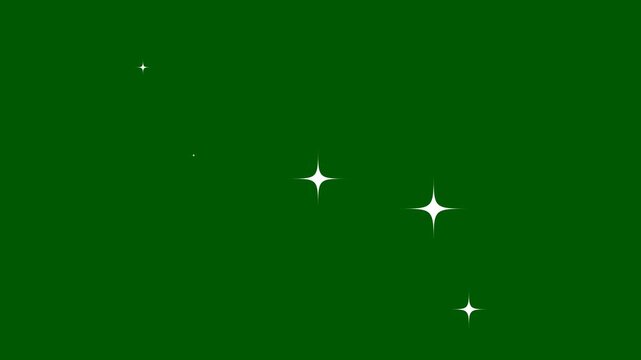 Sparkle twinkle star animation, glowing white doodle stars, glitter shine bursts, flat vector style, blinking cartoon effects, chroma key green screen seamless festive loop 4K video
