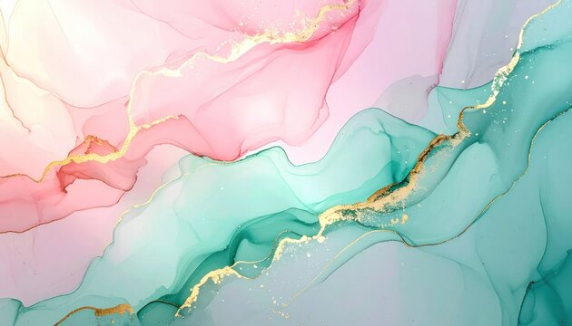 Pink and turquoise alcohol ink background with gold veins