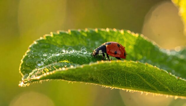 Ladybug on green leaf with dew drops in golden light
