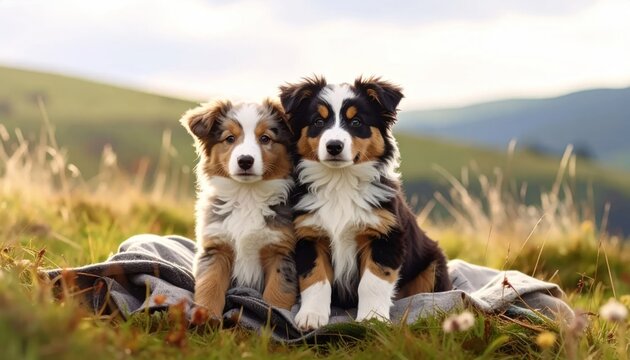 Two Australian Shepherd puppies sitting on blanket in nature