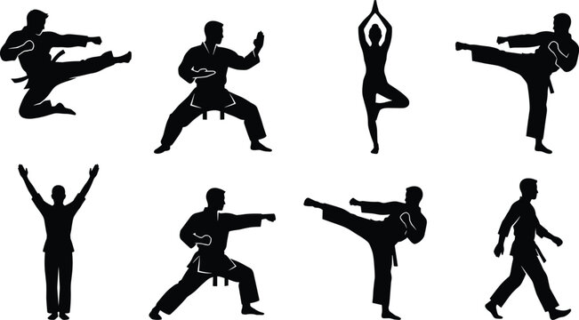Martial arts fighters training karate kick and punch combat poses silhouette vector set dynamic athlete defense postures
