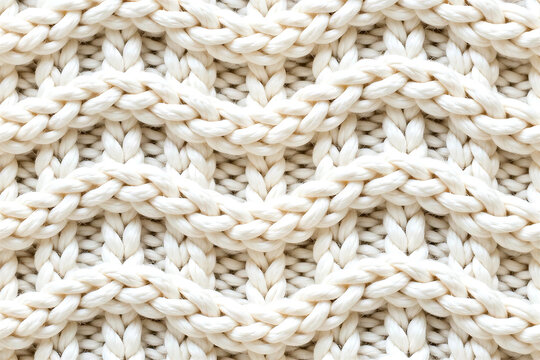 Cozy white knitted texture background featuring chunky wool yarn in a beautiful wave pattern, soft ivory cotton sweater fabric macro, generative AI illustration.