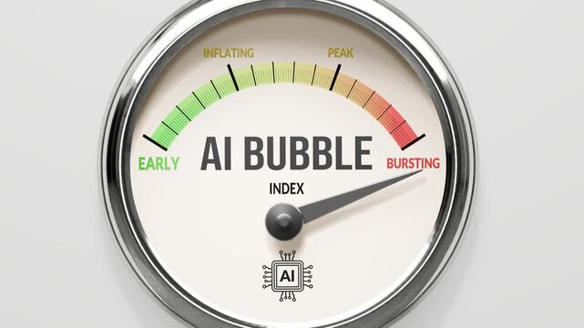 Ai bubble - ai bubble index at maximum. High and rising values of ai bubble. Meter needle reaching bursting levels. Ai bubble values off the charts. (No AI, made by humans for humans).