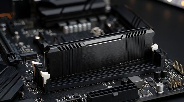 Black computer memory module installed on a dark motherboard circuit board
