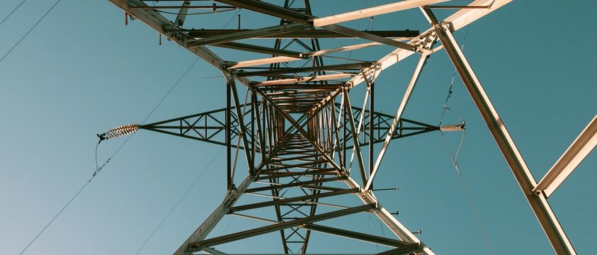 Low-angle view of a steel high-voltage transmission tower against a clear blue sky