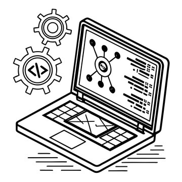 Isometric line of a laptop computer with two gears and code symbols, displaying a network diagram on the screen, isolated on white