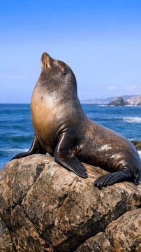 Sea Lion Resting on Coastal Rock and Looking Up