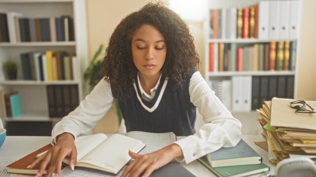 Woman student in uniform raises right hand to stop while seated at desk surrounded by open books and notebooks in building; determination learning.