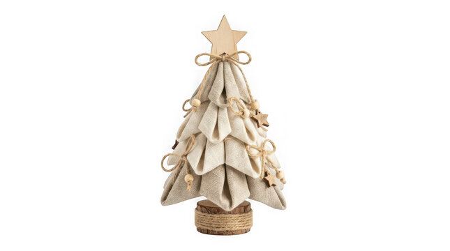 Decorative miniature christmas tree made of linen fabric and wooden star isolated on transparent background