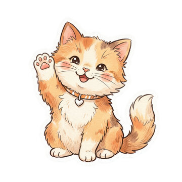 Cute cartoon ginger cat waving paw, smiling, and wearing a collar isolated on transparent background