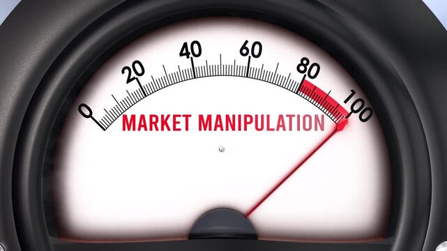 Market Manipulation meter that is hitting a full scale, increasing and high levels of market manipulation, potential overload. Maximum market manipulation value, off the charts.