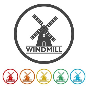 Old windmill simple sign icon. Set icons in color circle buttons