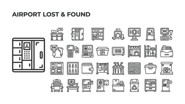 Airport Lost and Found Icons: A collection of flat design icons representing various items commonly found in an airport's lost and found department.