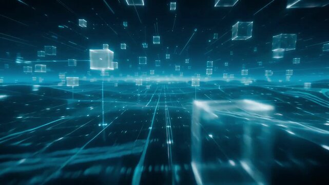 Digital cubes floating over futuristic glowing circuit board grid in this high speed animation video footage