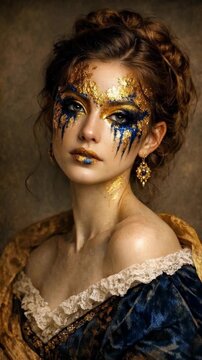 Portrait of a Woman with Artistic Gold Leaf and Blue Face Makeup