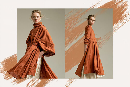 Woman modeling a flowing terracotta linen dress, featuring a high collar and soft drapery, emphasizing elegance and comfort