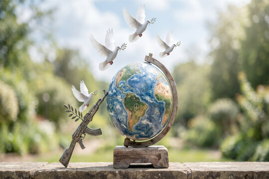 Globe with doves and rifle transformed into olive branch, representing disarmament, war to peace transition, and global conflict resolution concept