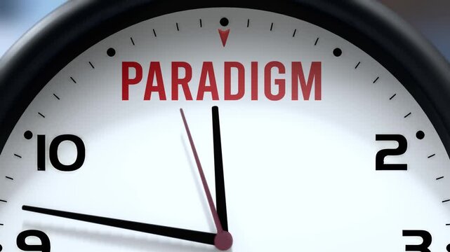 Paradigm that is going to happen soon. Upcoming paradigm, approaching in the near future. Paradigm almost here, in a short time - a clock symbolizes a reminder that paradigm is near.