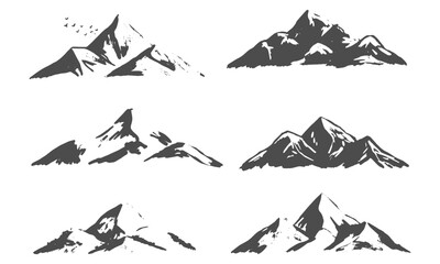 Fototapeta premium Collection of abstract rough brush stroke mountain peaks black silhouette sketch vector illustration