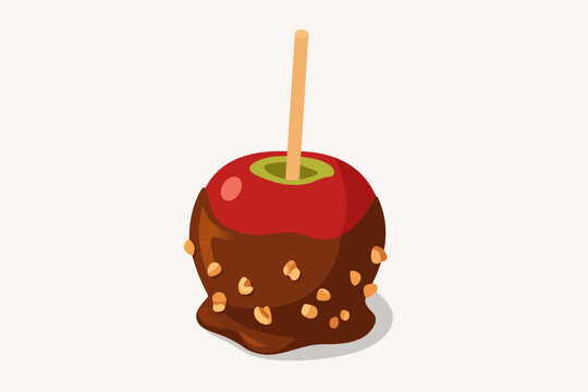 Chocolate dipped candy apple with crushed nuts on a stick vector illustration