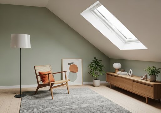 Cozy attic living room with sloped ceiling and green accent wall