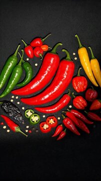Assorted Spicy Chili Peppers on Dark Textured Background