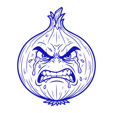 Angry crying onion cartoon character with a mean expression isolated on white background