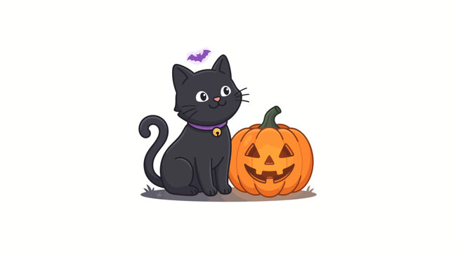 Cute Black Cat Sitting Next to Jack O Lantern Halloween Decoration.