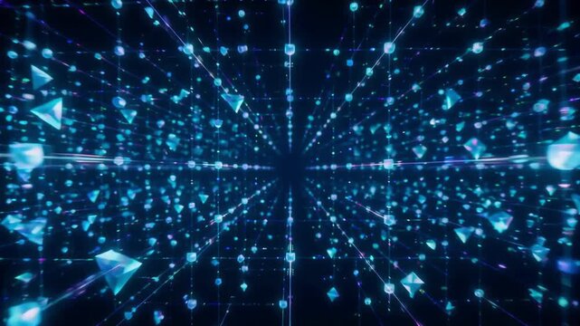 Glowing blue geometric crystal shards moving through a digital space in this abstract motion animation clip