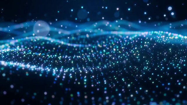 Blue digital particles forming flowing waves in this abstract motion video clip for technology background projects