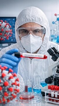 Scientist in Hazmat Suit Holding Coronavirus Antibody Blood Vial in Medical Lab