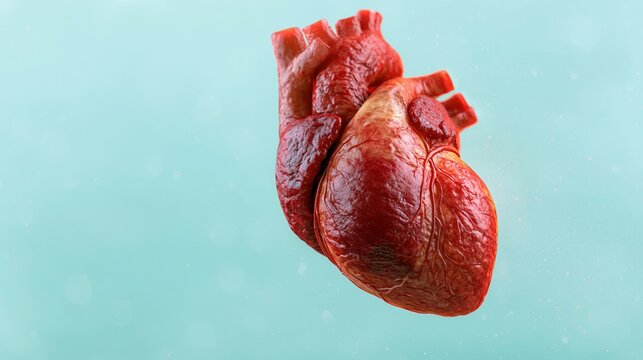 Anatomical human heart floating against a light blue background