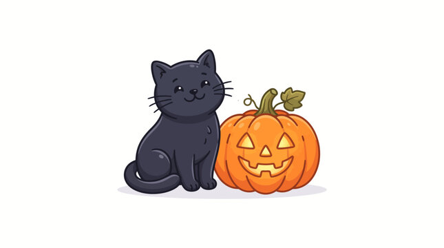 Cute Black Cat Sitting Next to Jack-o-Lantern Halloween Decoration.