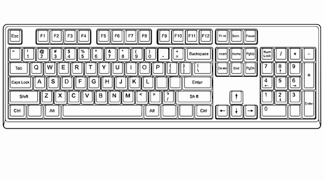 A black and white line drawing of a full size computer keyboard on white background with keyboard layout shown