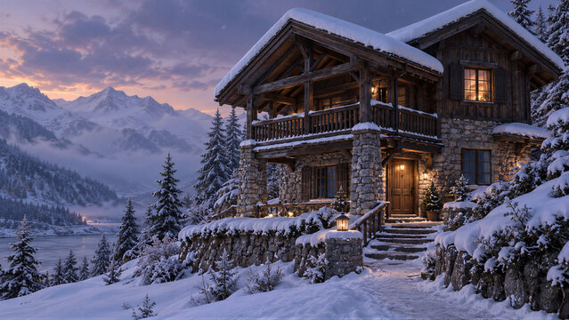 Wood and Stone Mountain Chalet in Snow at Twilight